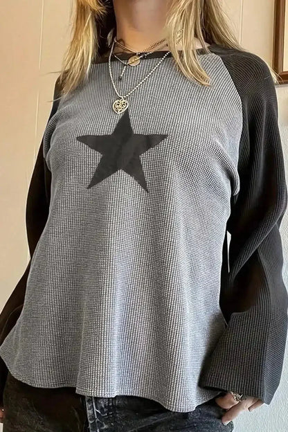 Star Round Neck Raglan Sleeve Top - VILLA FASHION