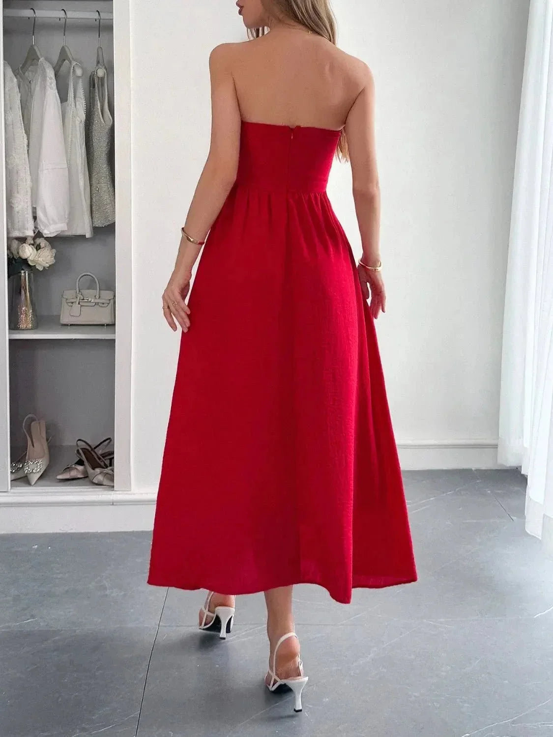 Strapless A - Line Midi Dress with Pockets - VILLA FASHION