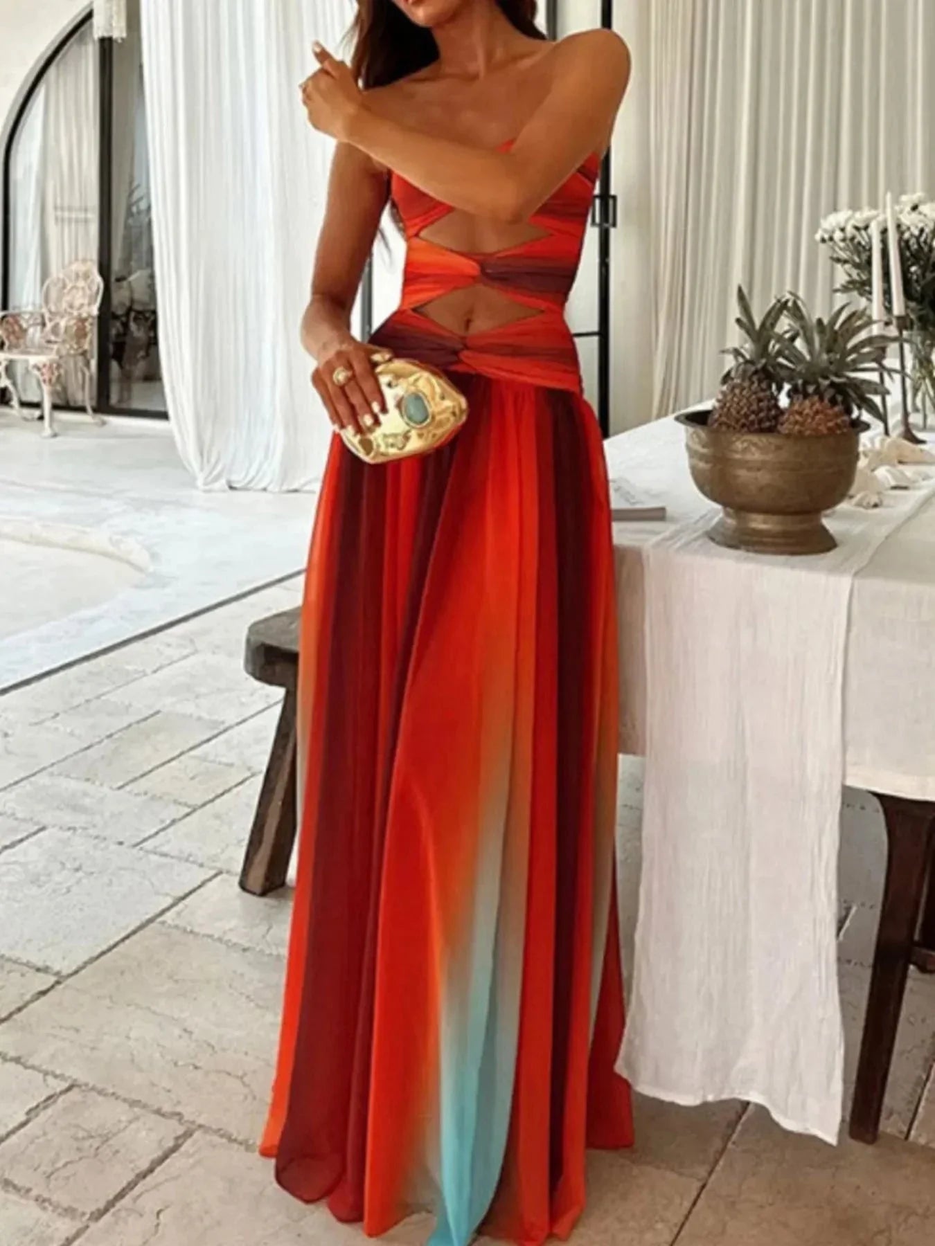 Strapless Cut - Out Rainbow Gradient Maxi Dress - VILLA FASHION