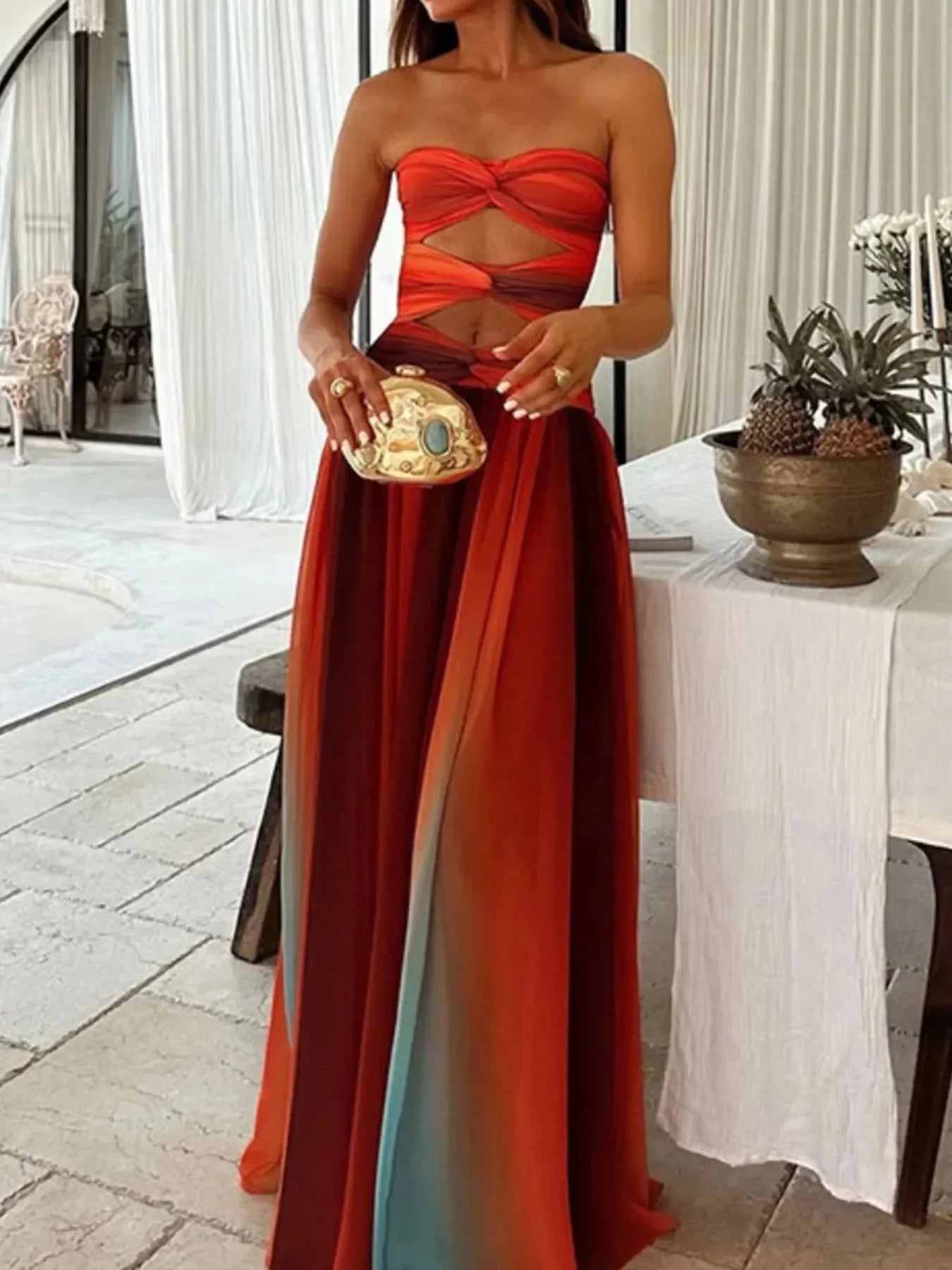 Strapless Cut - Out Rainbow Gradient Maxi Dress - VILLA FASHION