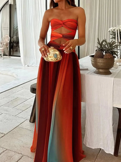 Strapless Cut - Out Rainbow Gradient Maxi Dress - VILLA FASHION