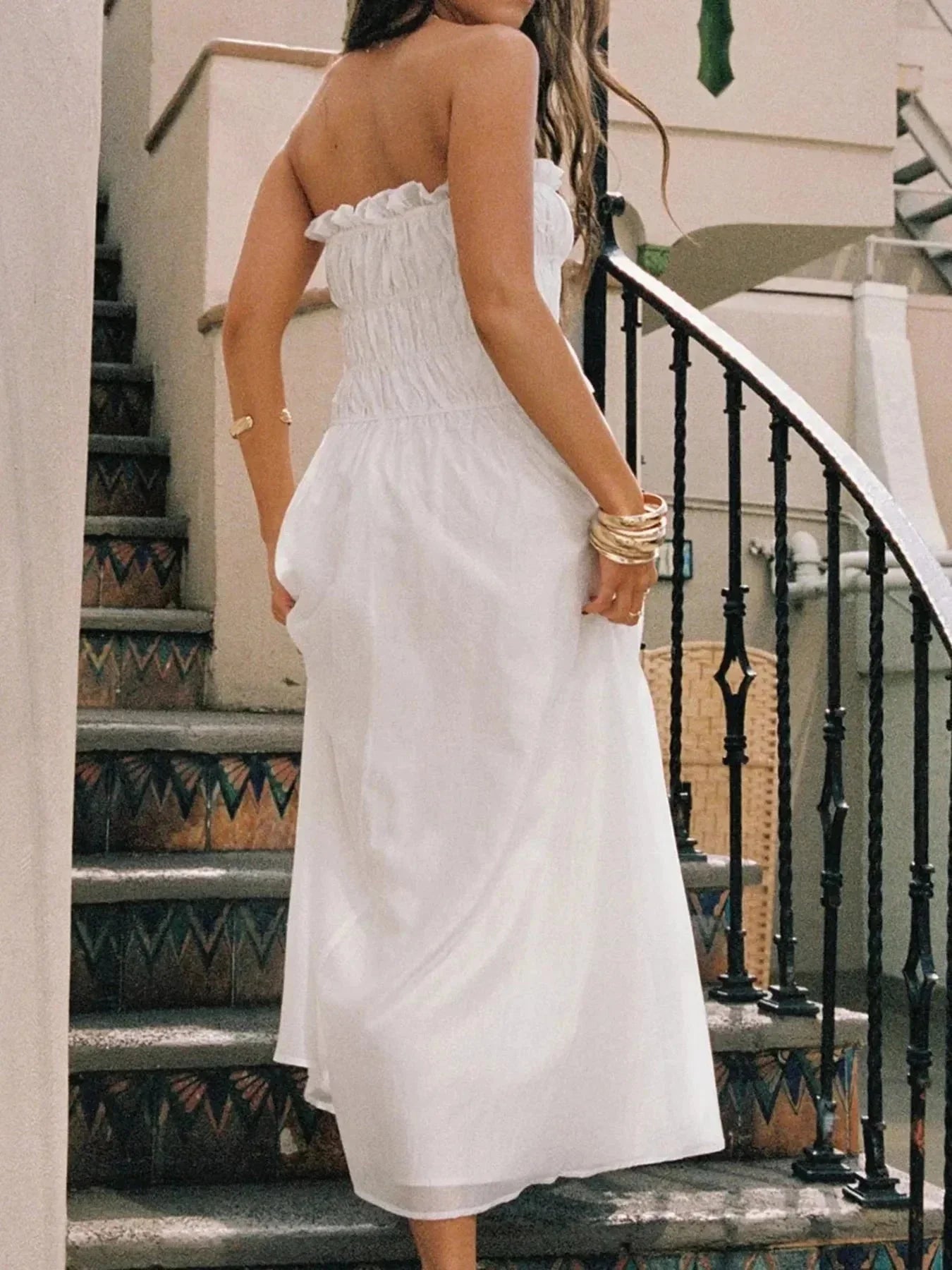 Strapless Smocked Mini Dress with Asymmetric Hem - VILLA FASHION