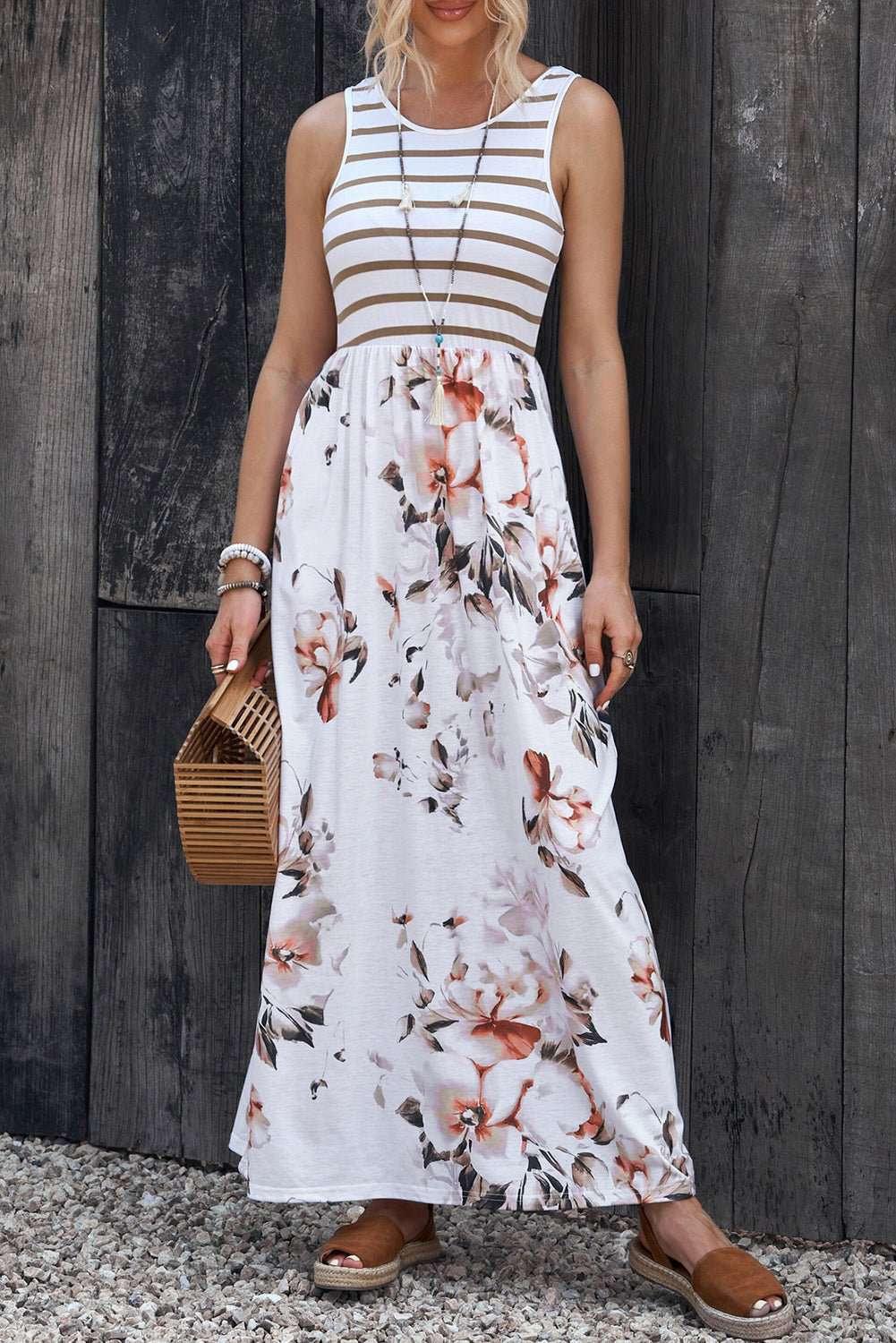 Striped Floral Round Neck Sleeveless Maxi Dress - VILLA FASHION