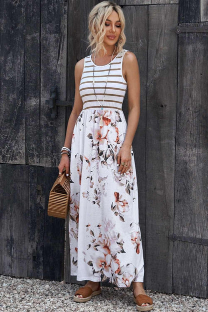 Striped Floral Round Neck Sleeveless Maxi Dress - VILLA FASHION
