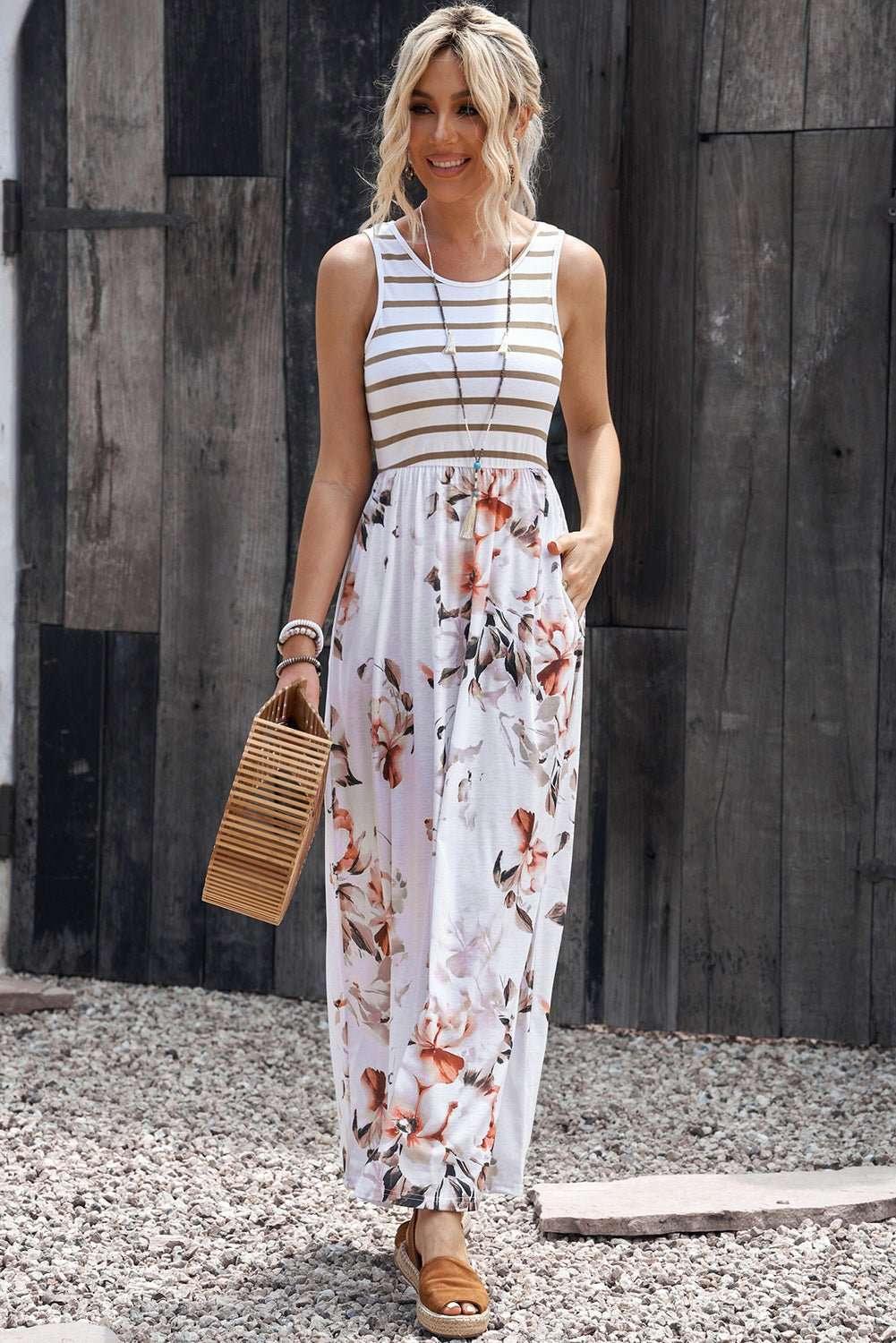 Striped Floral Round Neck Sleeveless Maxi Dress - VILLA FASHION