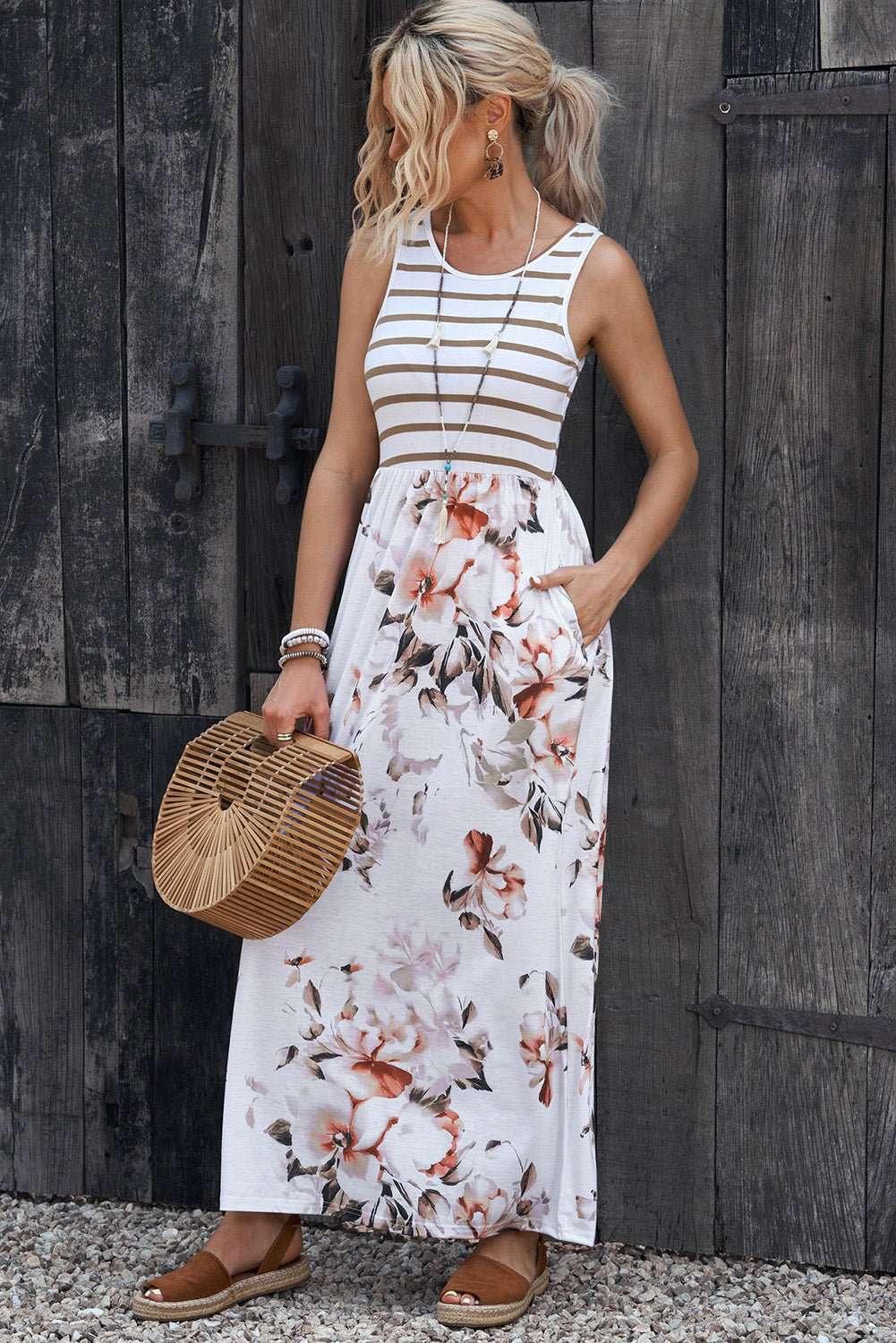 Striped Floral Round Neck Sleeveless Maxi Dress - VILLA FASHION