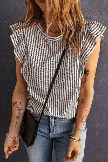 Striped Flutter Sleeve Tank - VILLA FASHION