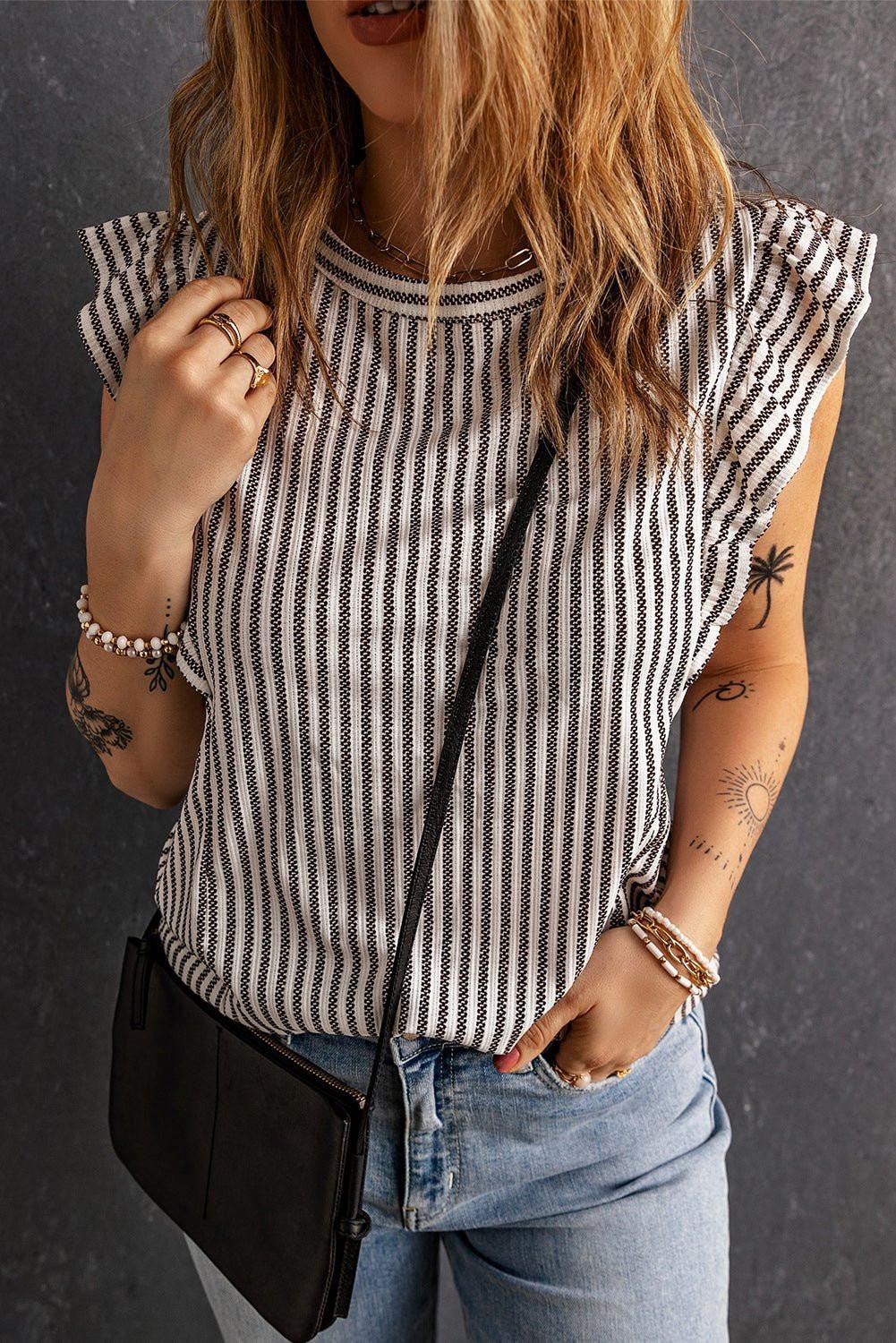 Striped Flutter Sleeve Tank - VILLA FASHION