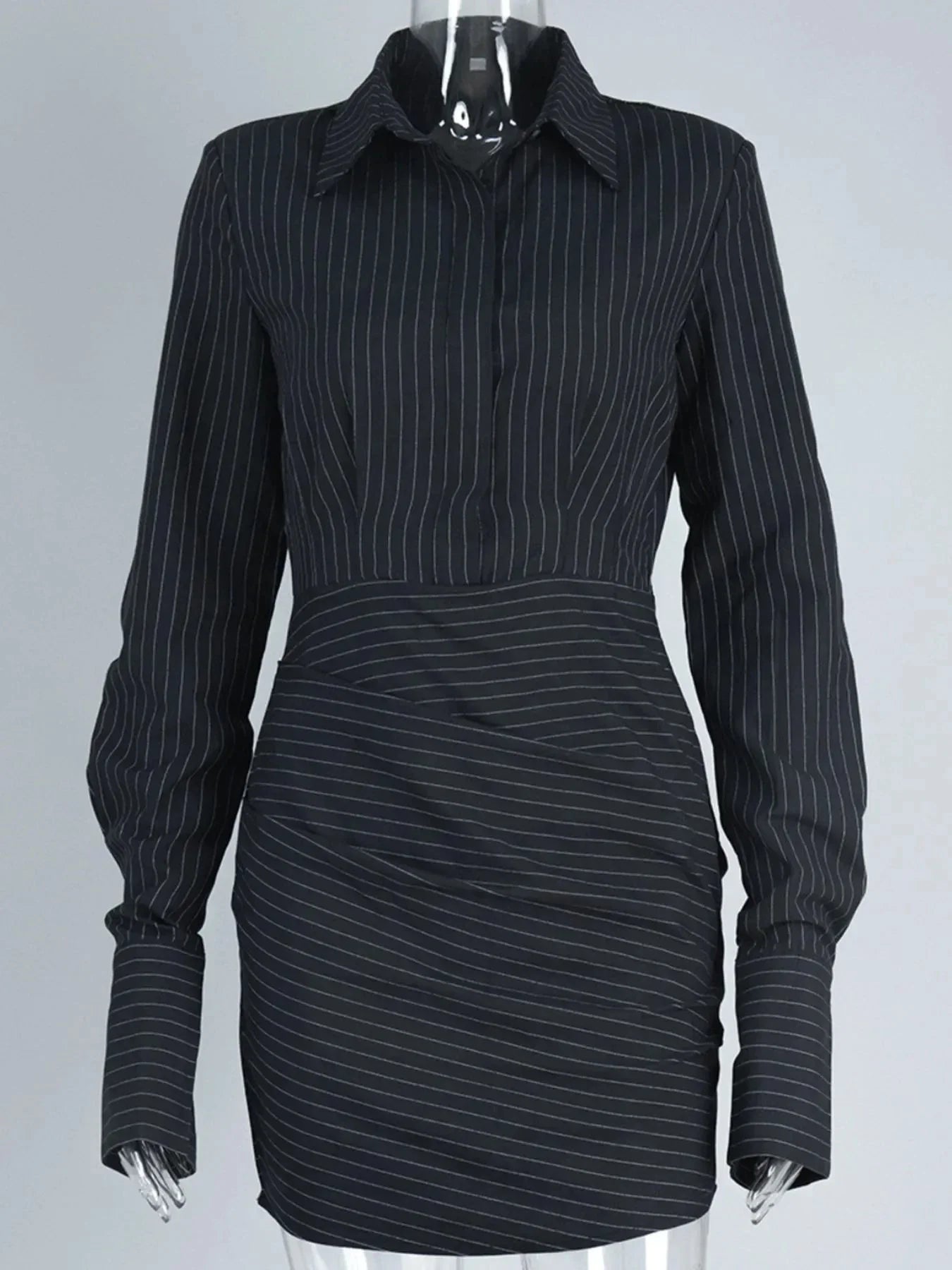 Striped Long Sleeve Shirt Dress - VILLA FASHION