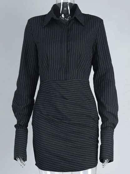 Striped Long Sleeve Shirt Dress - VILLA FASHION