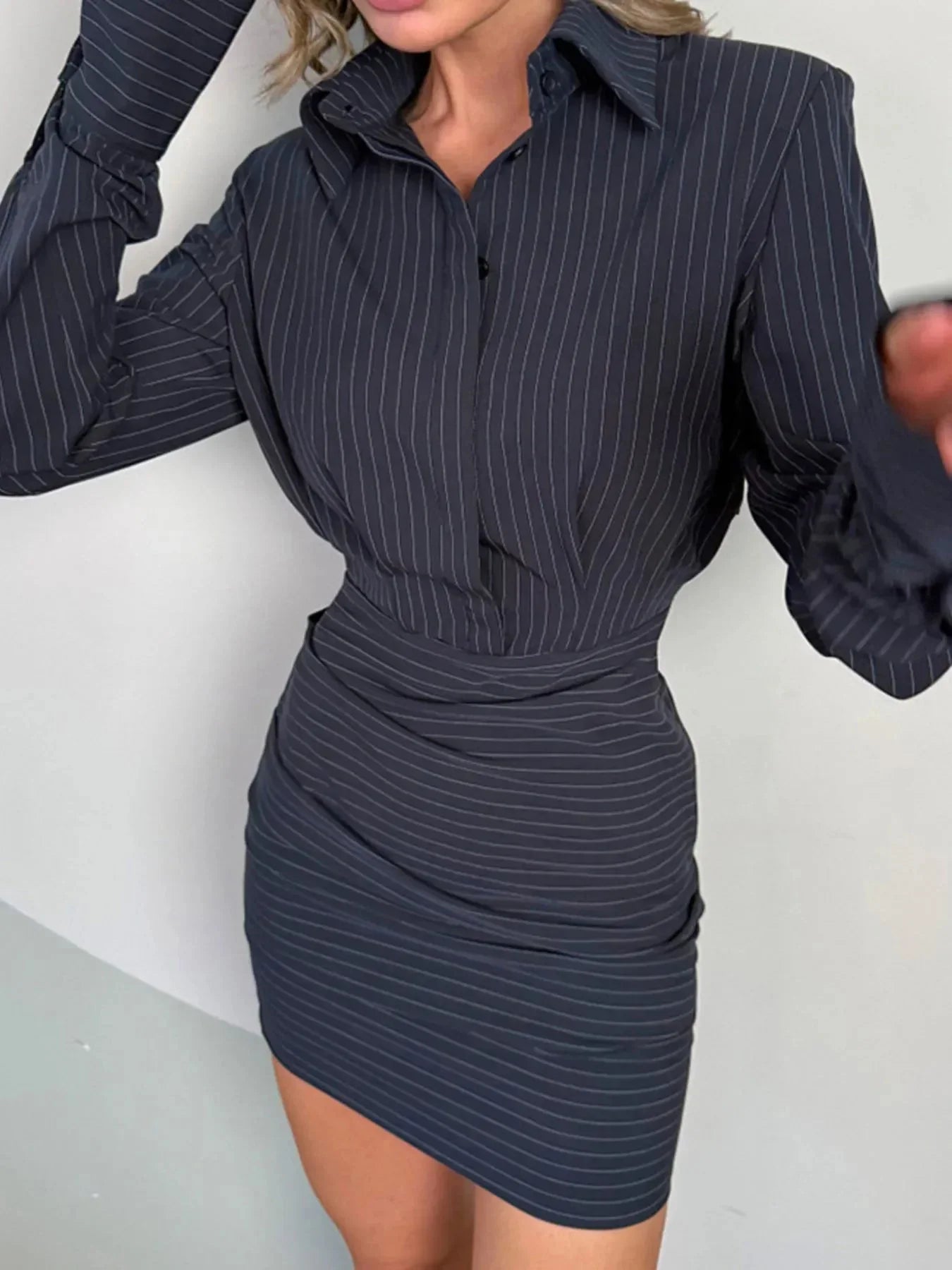 Striped Long Sleeve Shirt Dress - VILLA FASHION