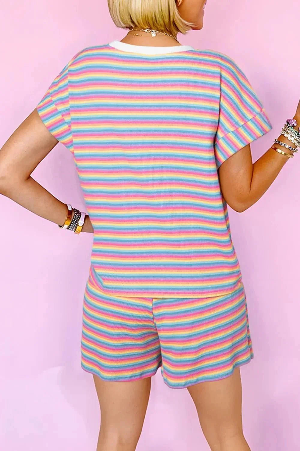 Striped Round Neck Top and Shorts Set - VILLA FASHION