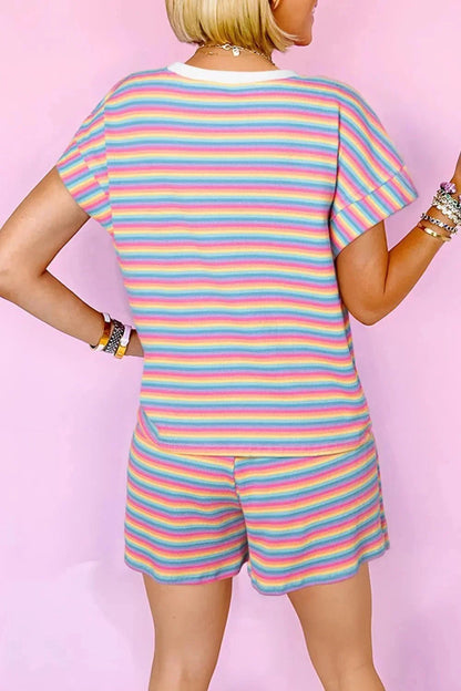 Striped Round Neck Top and Shorts Set - VILLA FASHION