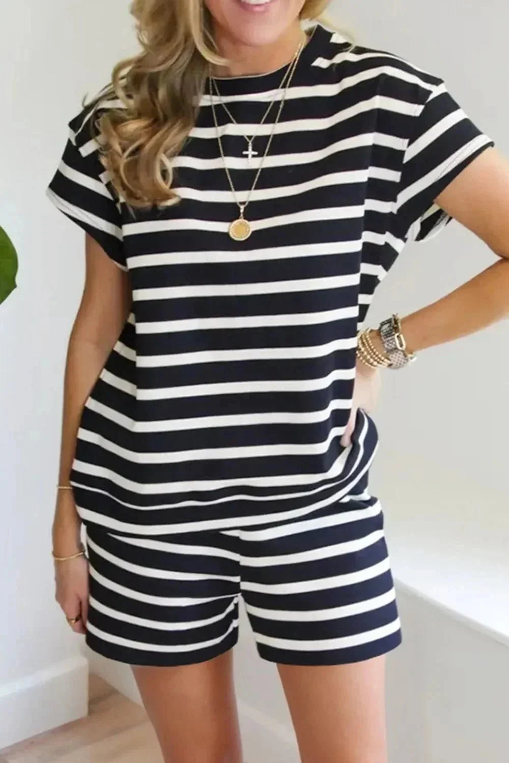 Striped Short Sleeve Top and Shorts Set - VILLA FASHION