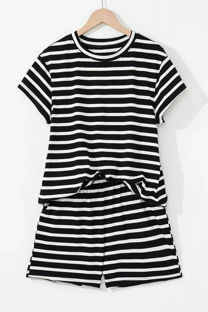 Striped Short Sleeve Top and Shorts Set - VILLA FASHION