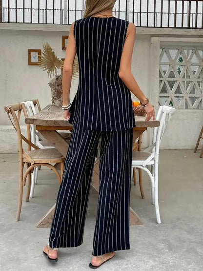 Striped Sleeveless Top and Pants Two - Piece Set - VILLA FASHION