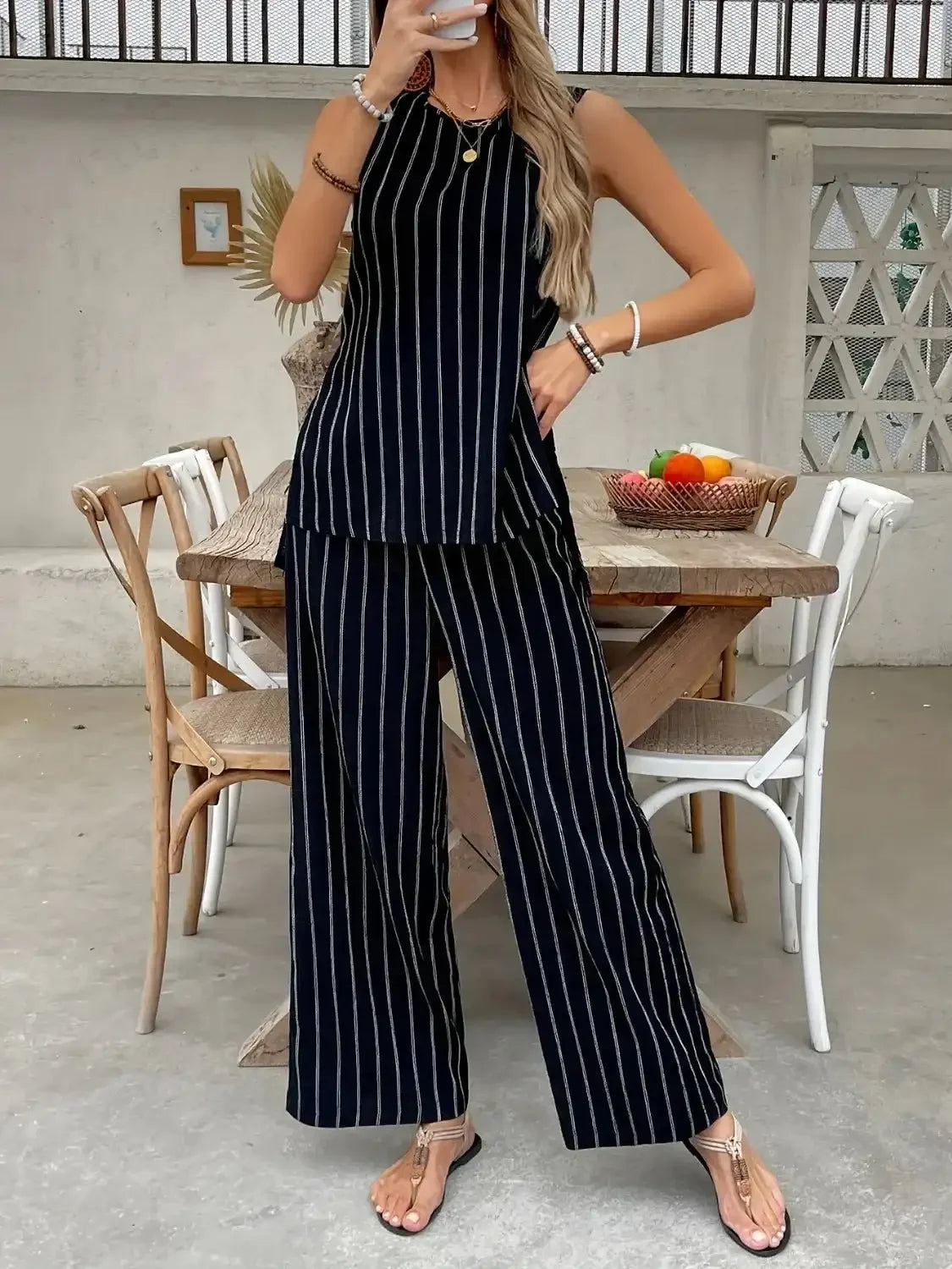 Striped Sleeveless Top and Pants Two - Piece Set - VILLA FASHION