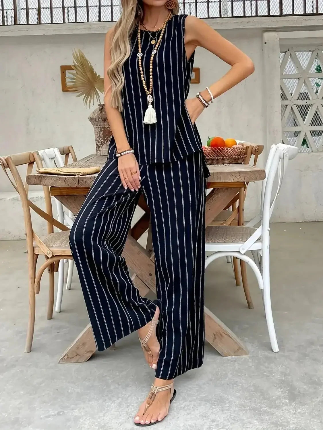 Striped Sleeveless Top and Pants Two - Piece Set - VILLA FASHION