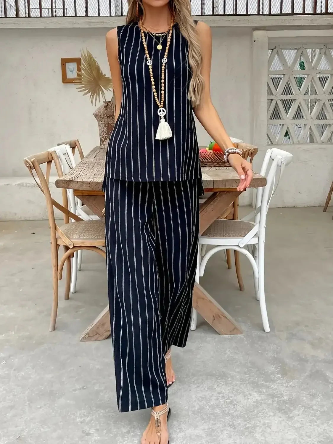 Striped Sleeveless Top and Pants Two - Piece Set - VILLA FASHION