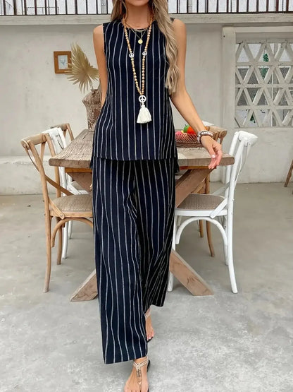Striped Sleeveless Top and Pants Two - Piece Set - VILLA FASHION
