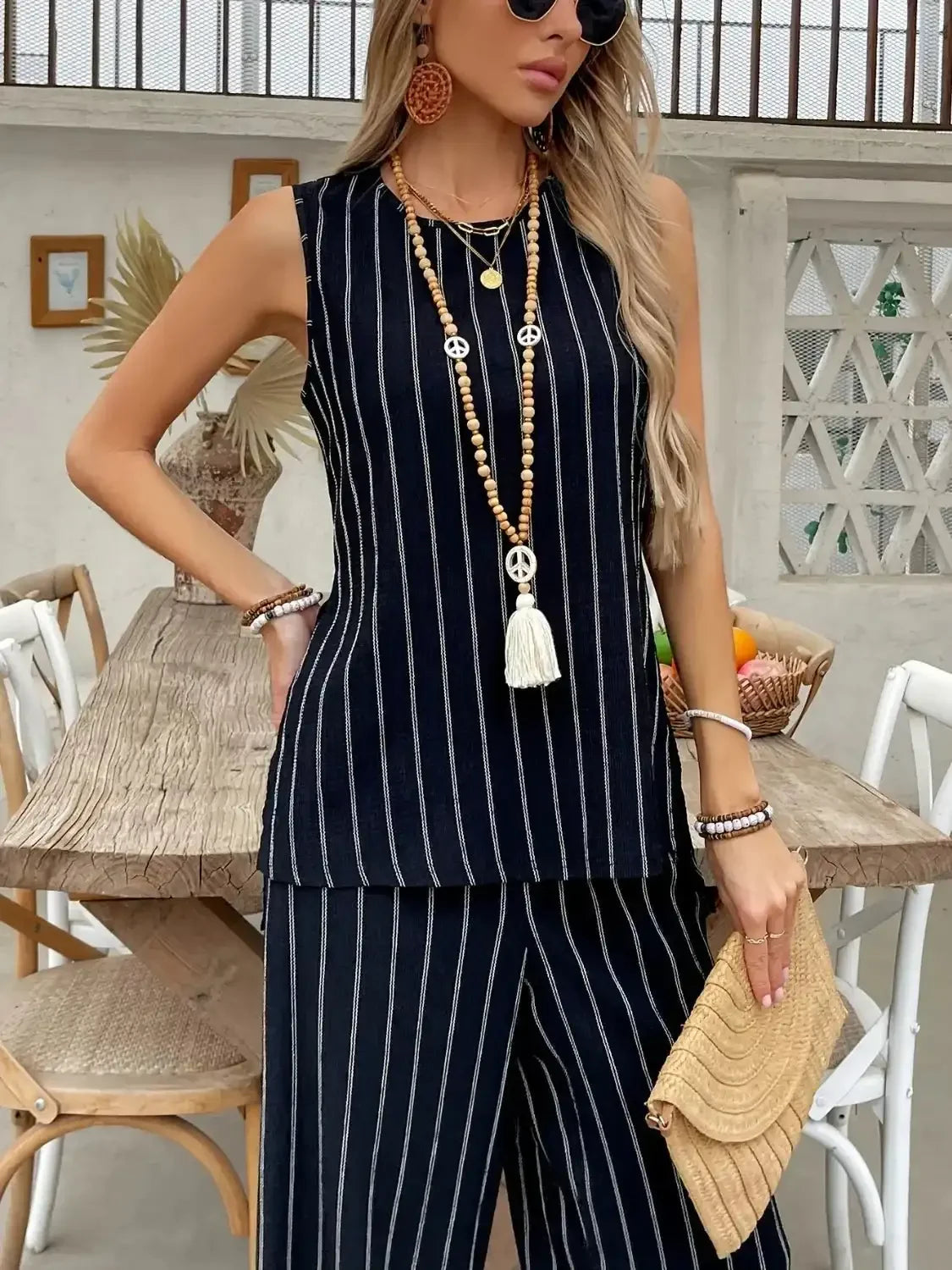 Striped Sleeveless Top and Pants Two - Piece Set - VILLA FASHION