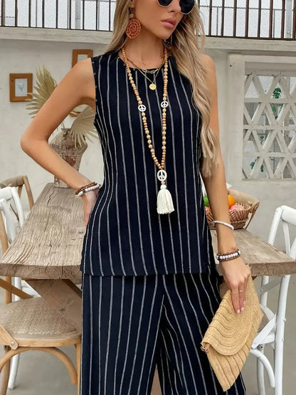 Striped Sleeveless Top and Pants Two - Piece Set - VILLA FASHION