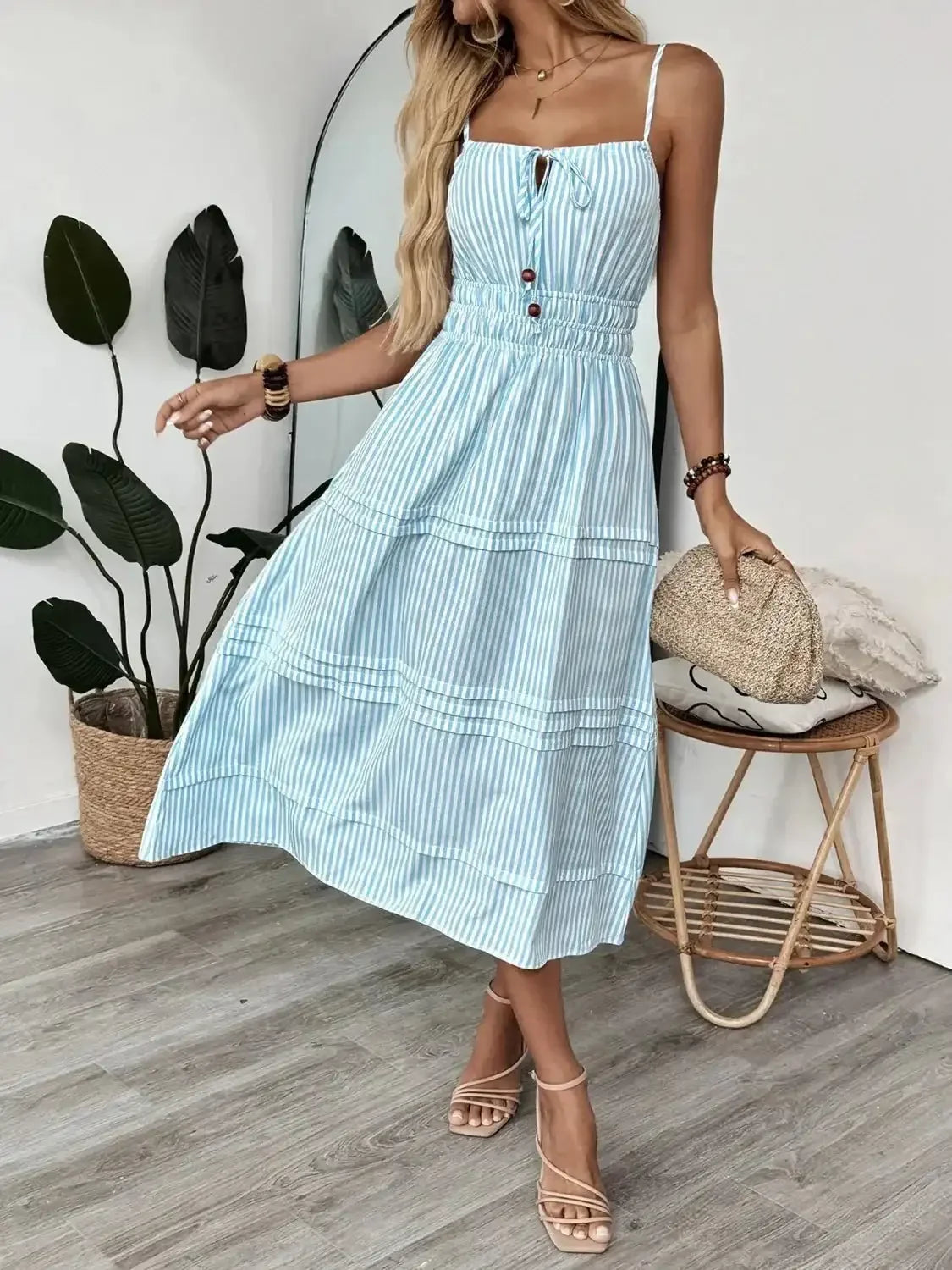 Striped Spaghetti Strap Midi Dress - VILLA FASHION