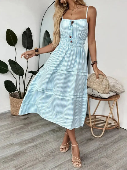 Striped Spaghetti Strap Midi Dress - VILLA FASHION