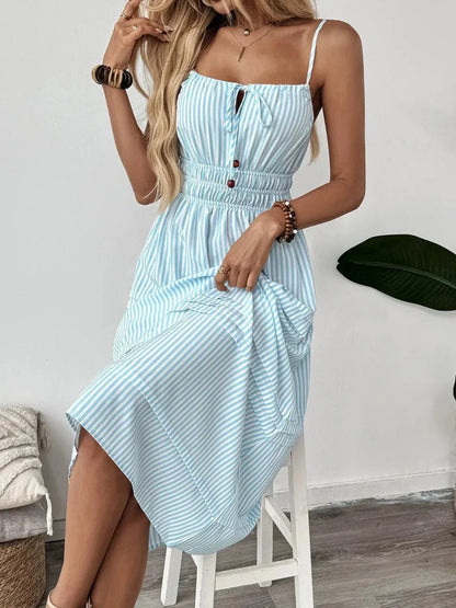 Striped Spaghetti Strap Midi Dress - VILLA FASHION