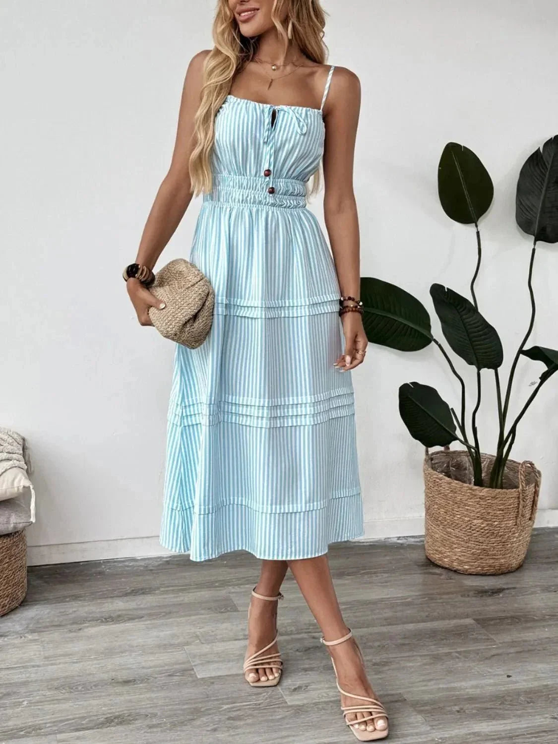 Striped Spaghetti Strap Midi Dress - VILLA FASHION