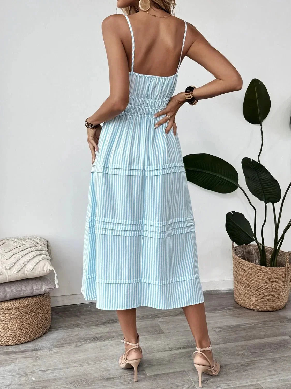 Striped Spaghetti Strap Midi Dress - VILLA FASHION