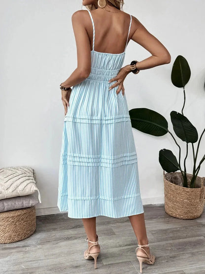 Striped Spaghetti Strap Midi Dress - VILLA FASHION