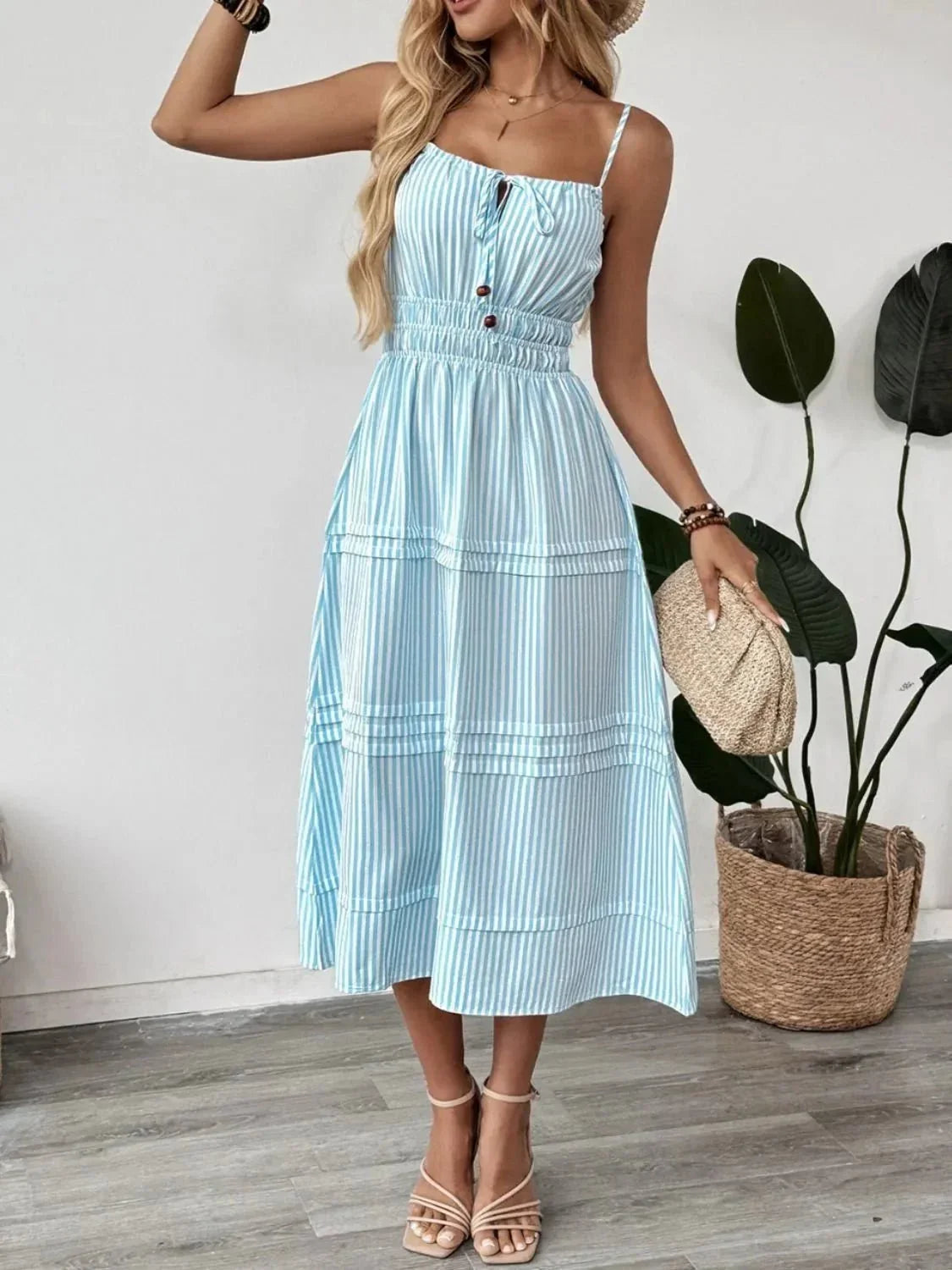Striped Spaghetti Strap Midi Dress - VILLA FASHION
