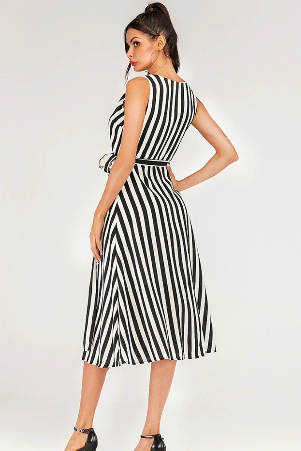 Striped Surplice Tied Sleeveless Dress - VILLA FASHION