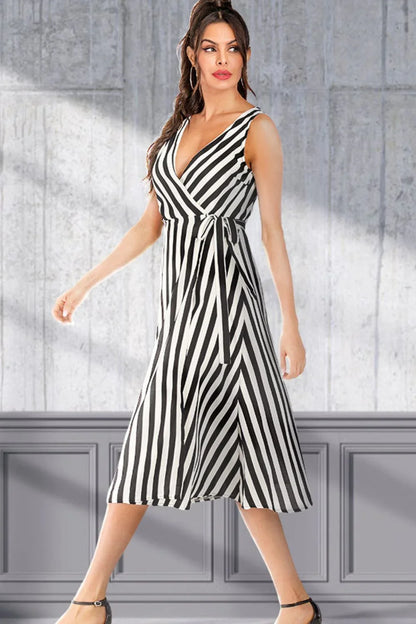 Striped Surplice Tied Sleeveless Dress - VILLA FASHION