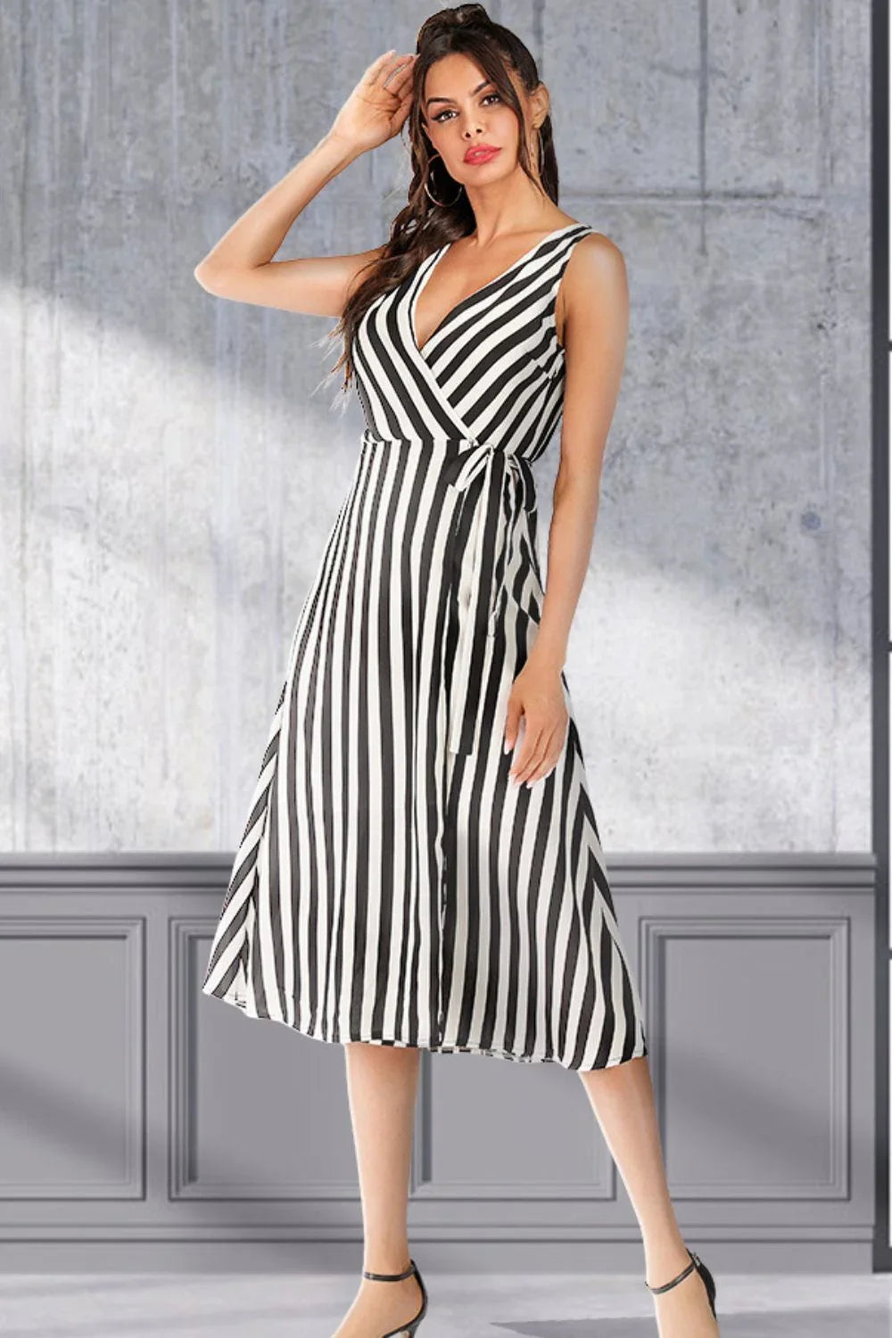 Striped Surplice Tied Sleeveless Dress - VILLA FASHION