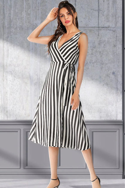 Striped Surplice Tied Sleeveless Dress - VILLA FASHION