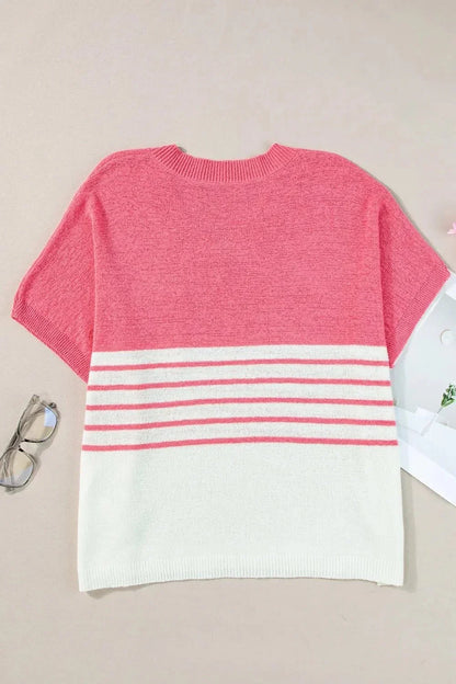 Striped V - Neck Short Sleeve Knit Top - VILLA FASHION