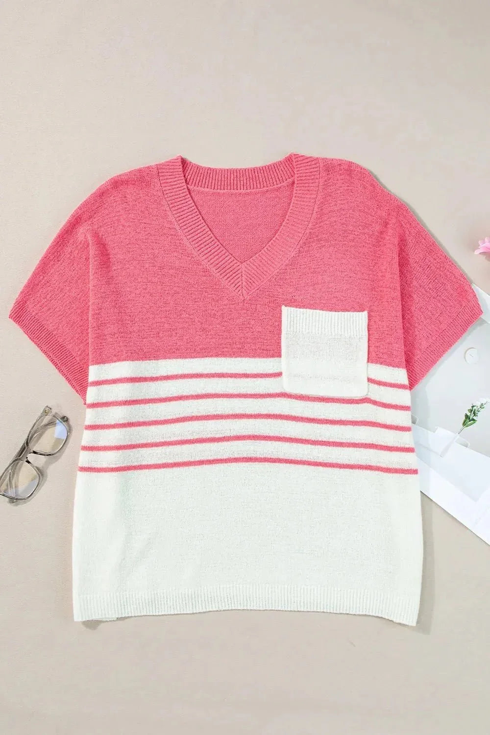 Striped V - Neck Short Sleeve Knit Top - VILLA FASHION