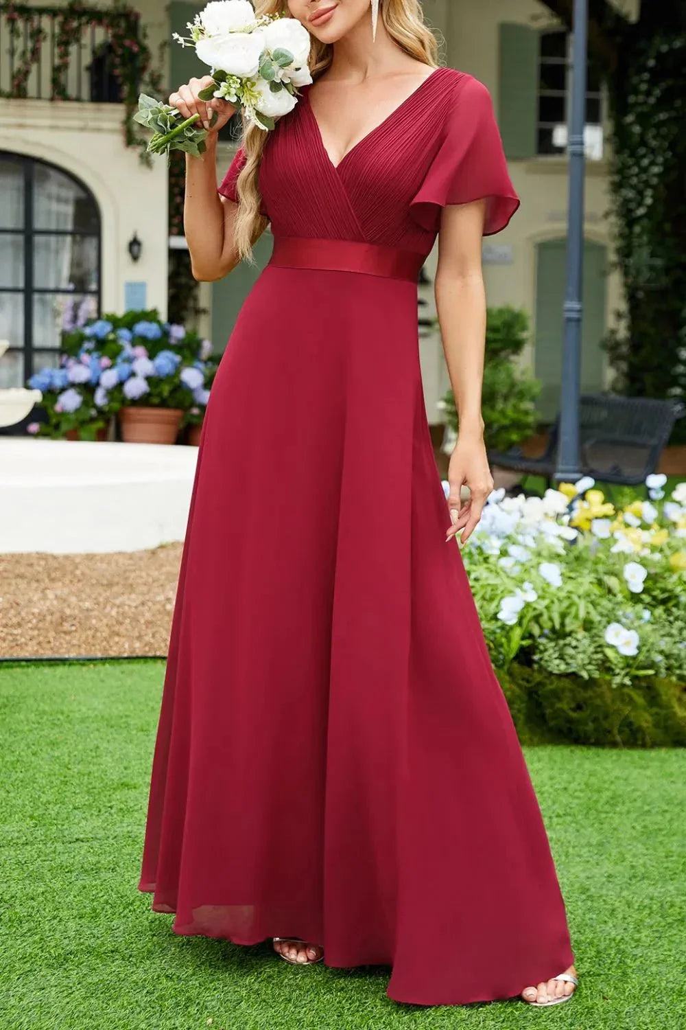 Surplice Flutter Sleeve Maxi Dress - VILLA FASHION