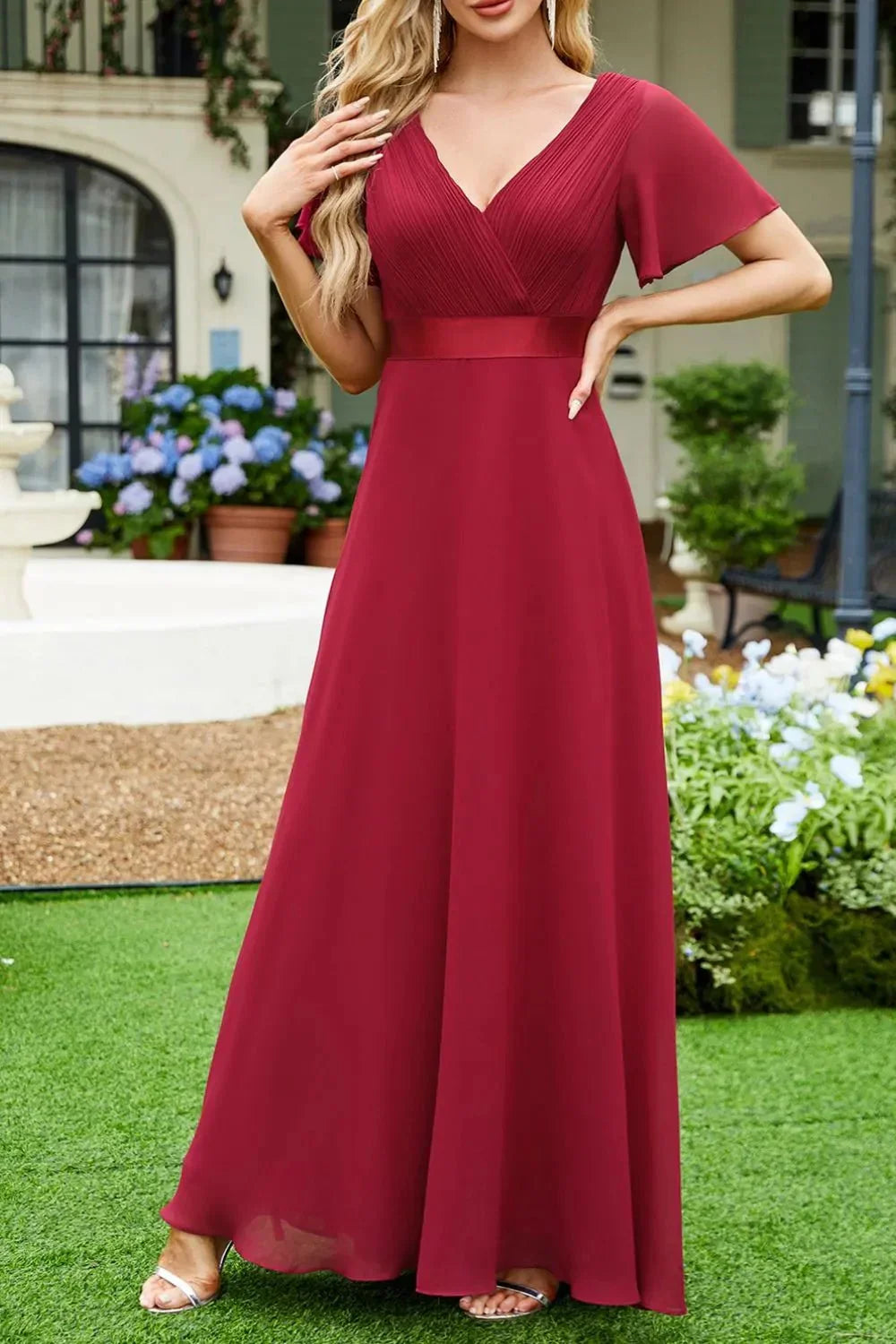 Surplice Flutter Sleeve Maxi Dress - VILLA FASHION