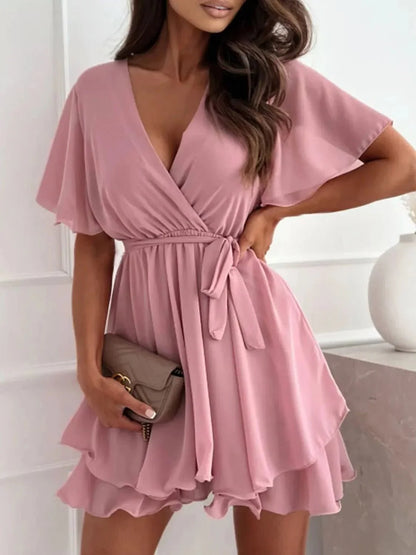 Surplice Flutter Sleeve Mini Dress - VILLA FASHION
