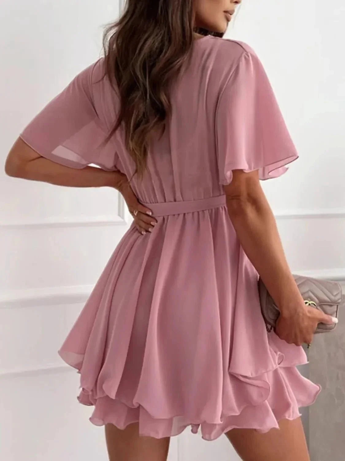 Surplice Flutter Sleeve Mini Dress - VILLA FASHION