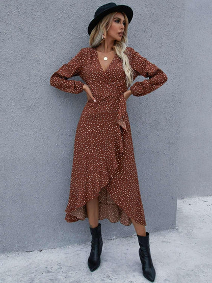 Surplice Neck Ruffled Midi Dress - VILLA FASHION