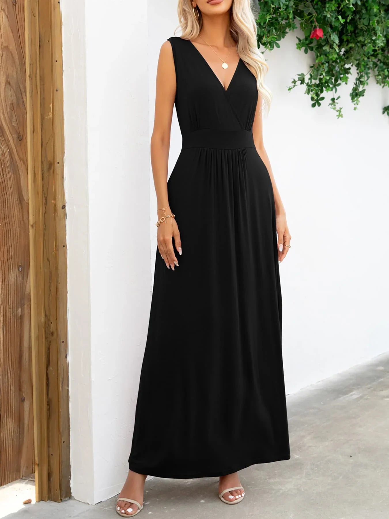 Surplice Neck Sleeveless Maxi Dress - VILLA FASHION
