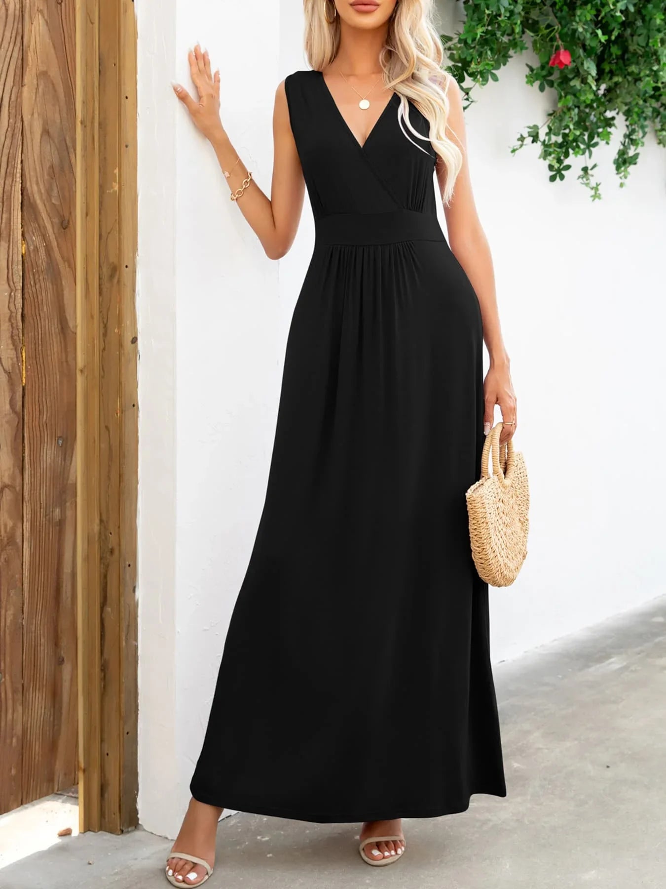 Surplice Neck Sleeveless Maxi Dress - VILLA FASHION