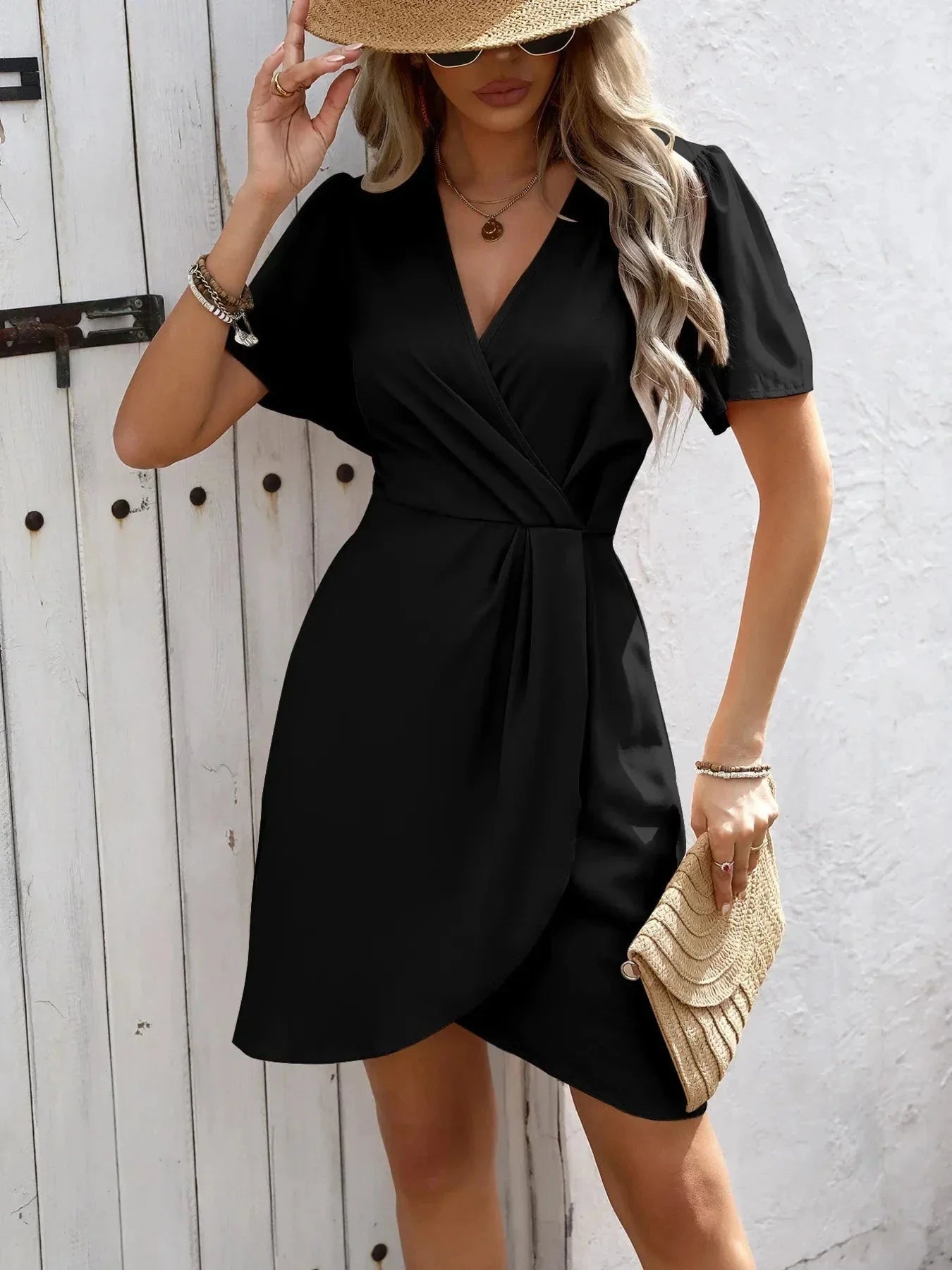 Surplice Short Sleeve Mini Dress - VILLA FASHION
