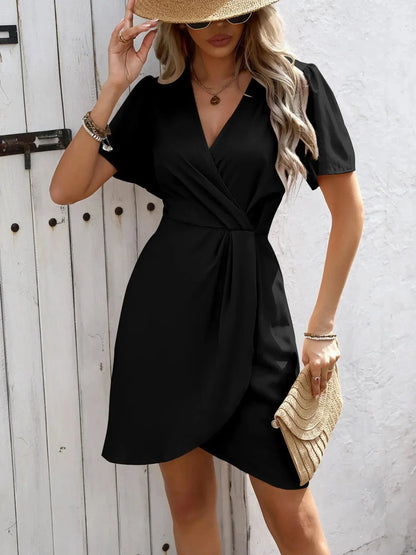 Surplice Short Sleeve Mini Dress - VILLA FASHION
