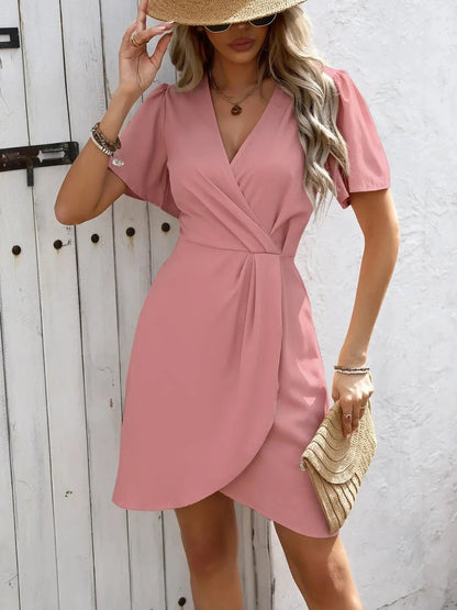 Surplice Short Sleeve Mini Dress - VILLA FASHION
