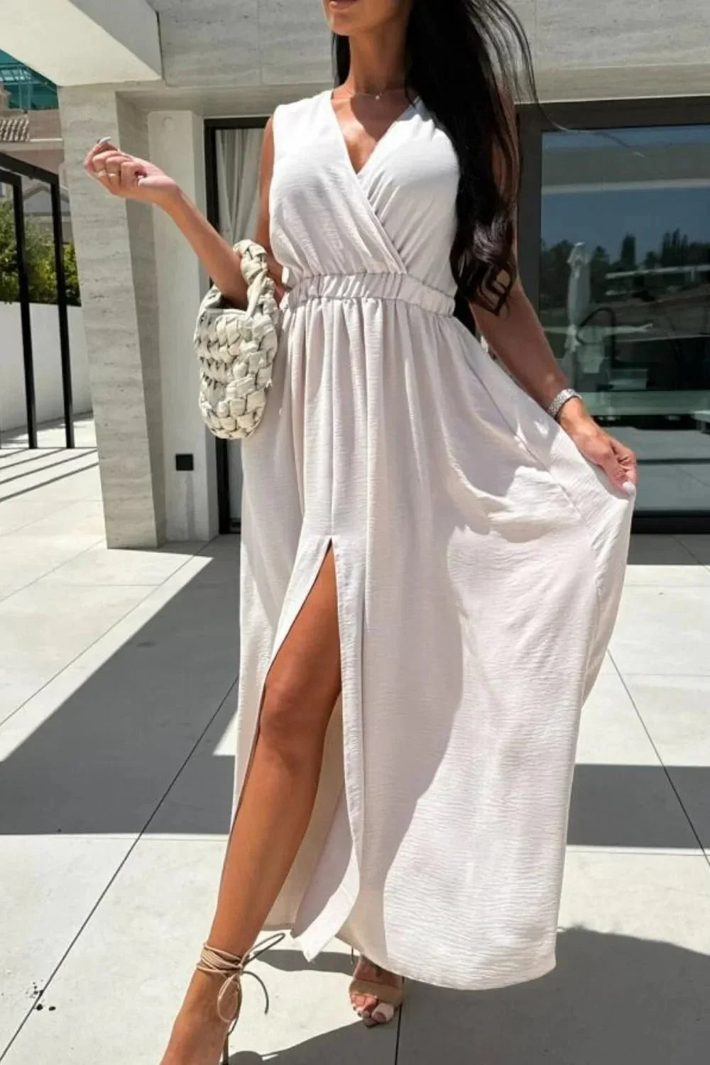 Surplice Sleeveless Slit Maxi Dress - VILLA FASHION